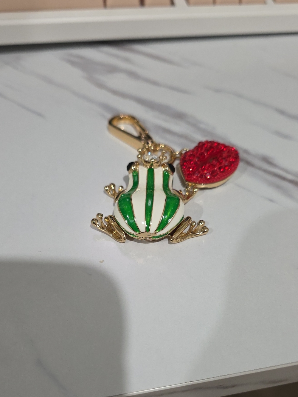 True To Form Frog Charm Keychain with Green & White Enamel & Red Crystal Accent